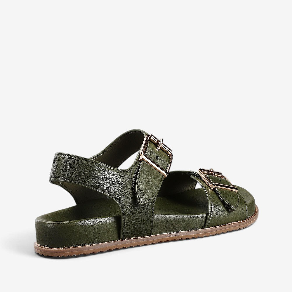 Naked Arches Ziggro DK Olive sandals with adjustable straps and cushioned footbed, showcasing stylish olive green leather design.