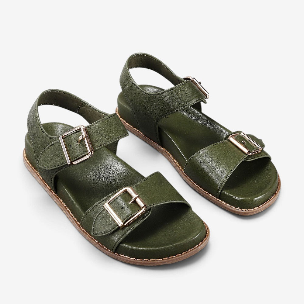 Naked Arches ZIGGRO DK OLIVE sandals featuring a strappy design and olive green color, displayed on a neutral background.