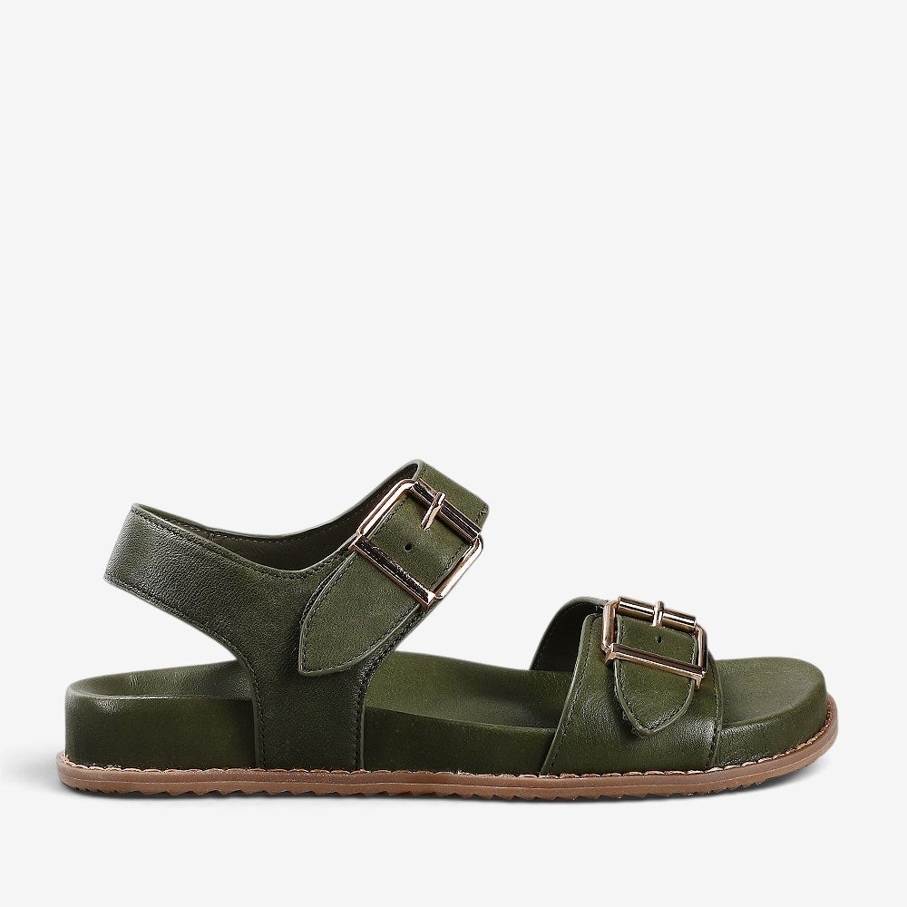 Naked Arches Ziggro DK Olive sandals with olive green straps and cushioned footbed, side view showing stylish design.