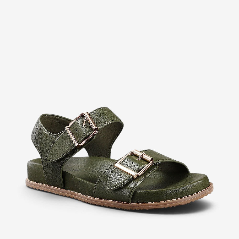 NAKED ARCHES ZIGGRO DK OLIVE sandals with thick straps and cushioned sole, featuring olive green color and open toe design.
