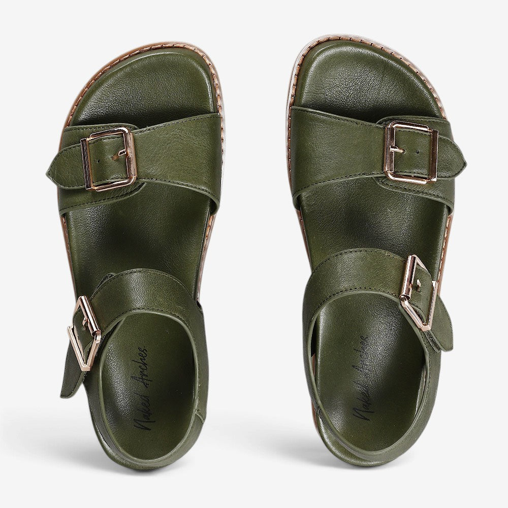 Naked Arches Ziggro DK Olive sandals with olive green straps and open toe design, showcasing comfortable casual footwear.