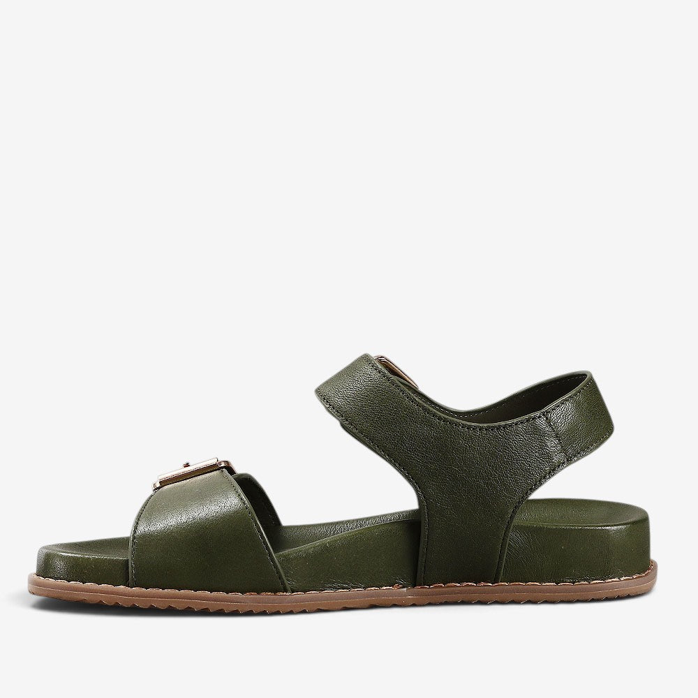 Naked Arches Ziggro DK Olive sandals with adjustable straps and cushioned footbed, showcasing their stylish olive green leather design.