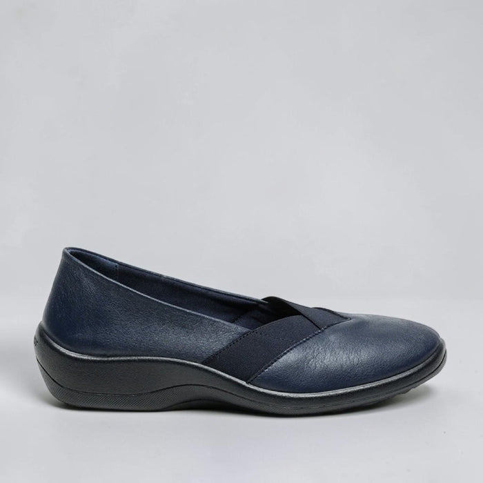 Arcopedico Acadia navy ballet flats with rounded toe and soft fabric upper, stylish and comfortable footwear.