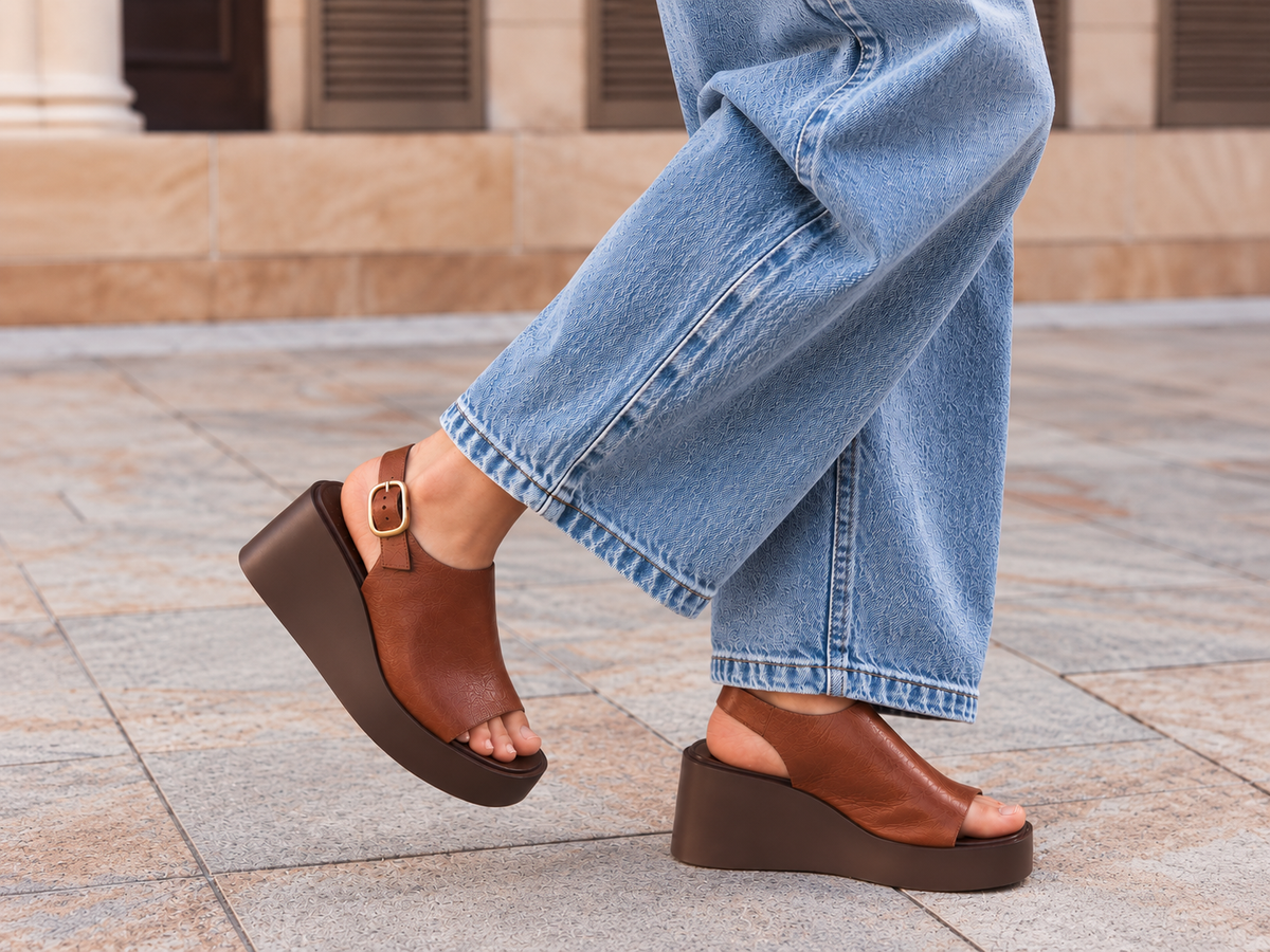 A model in an oversized brown shirt and wide-leg denim, against a concrete wall