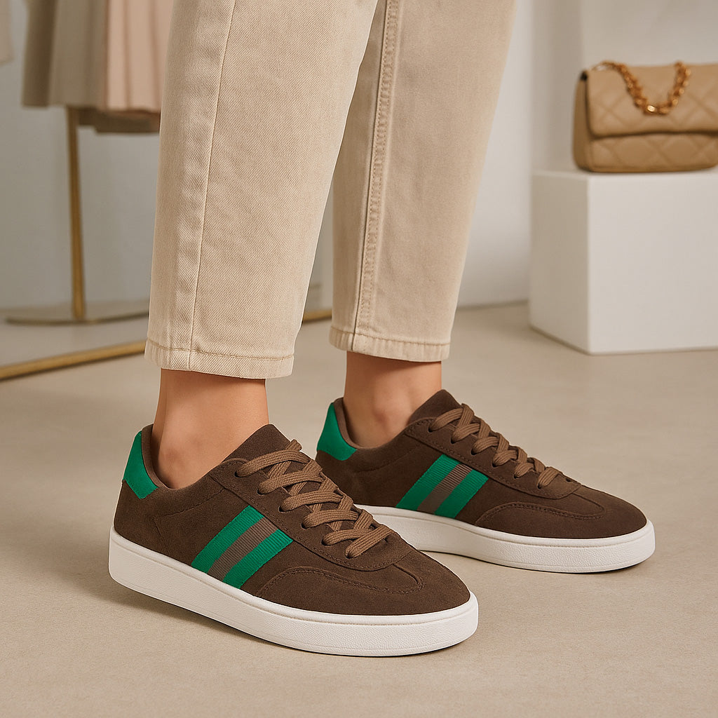 ALFIE & EVIE Attitude Choc sneakers with brown and beige color, featuring stylish casual design and comfortable laces.