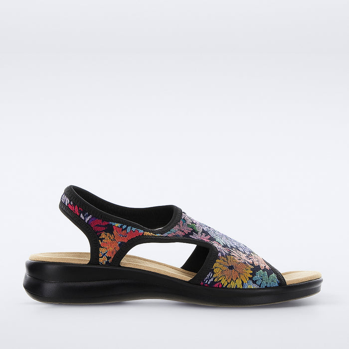 Euroflex Tuscany Black Floral sandals with black straps and floral embellishments, stylish summer footwear.