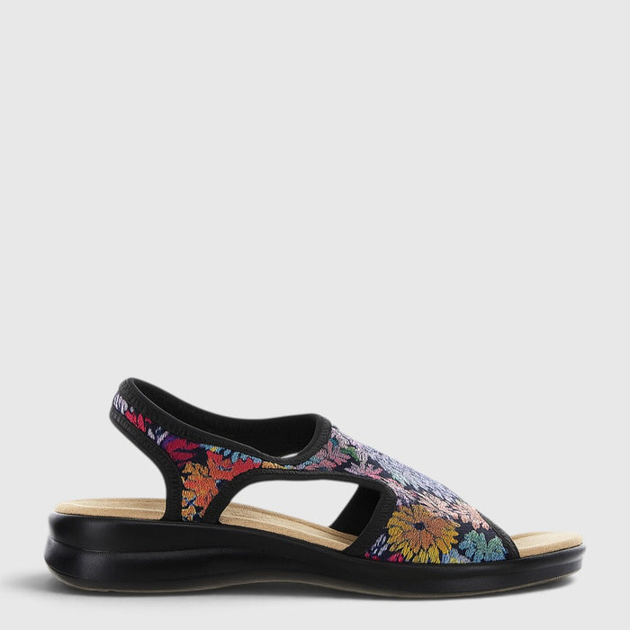 Euroflex Tuscany black floral sandals with adjustable straps and cushioned sole