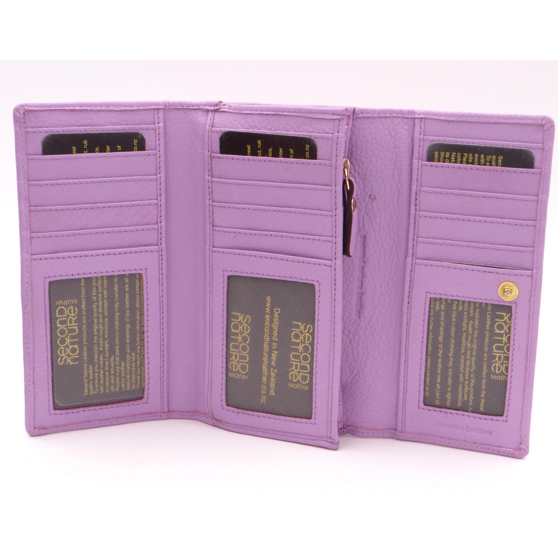 Second Nature Foxglove wallet with floral design, leather texture, and compact size, featuring multiple card slots and a zipper closure.