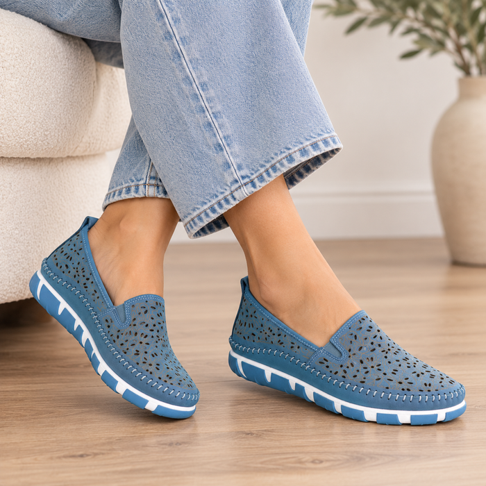 Black Cabello Camden Denim slip-on shoes with white sole and denim upper, casual footwear for everyday wear.