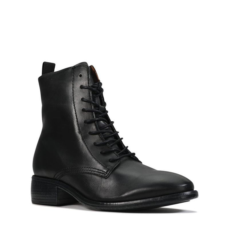 Black EOS Celia ankle boots with a sleek design and lace-up front, perfect for stylish everyday wear.