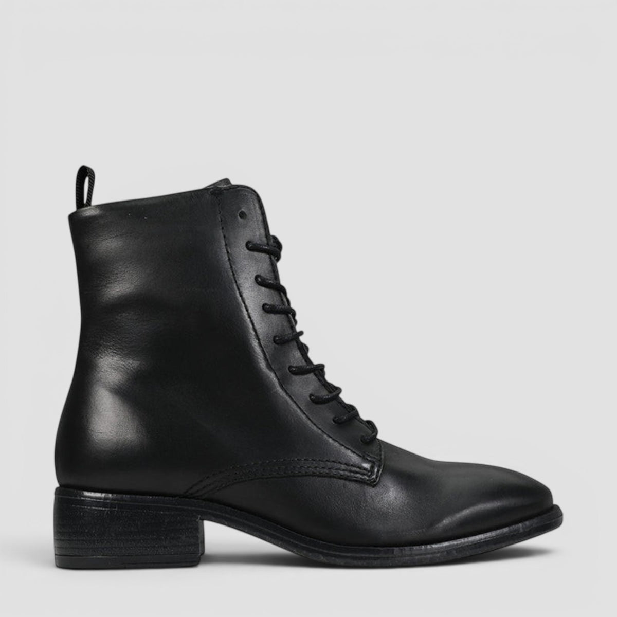 Black EOS Celia ankle boots with sleek design, featuring smooth leather and stylish laces, perfect for casual or dressy outfits.