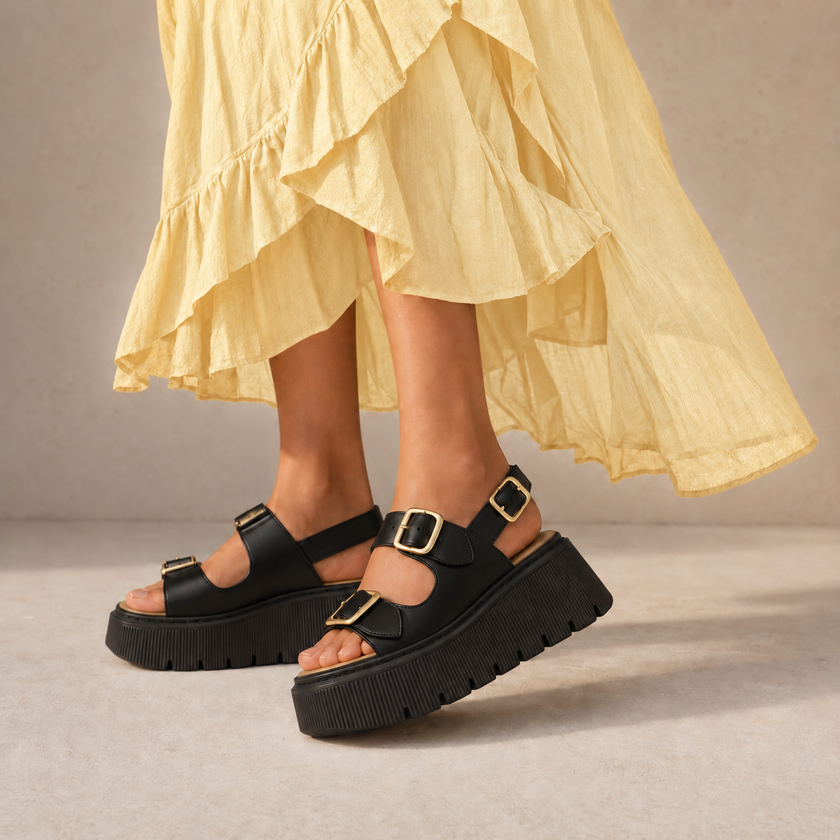 Le Sansa Ceno Black sandals with sleek black straps and flat sole, stylish and comfortable footwear for casual wear.
