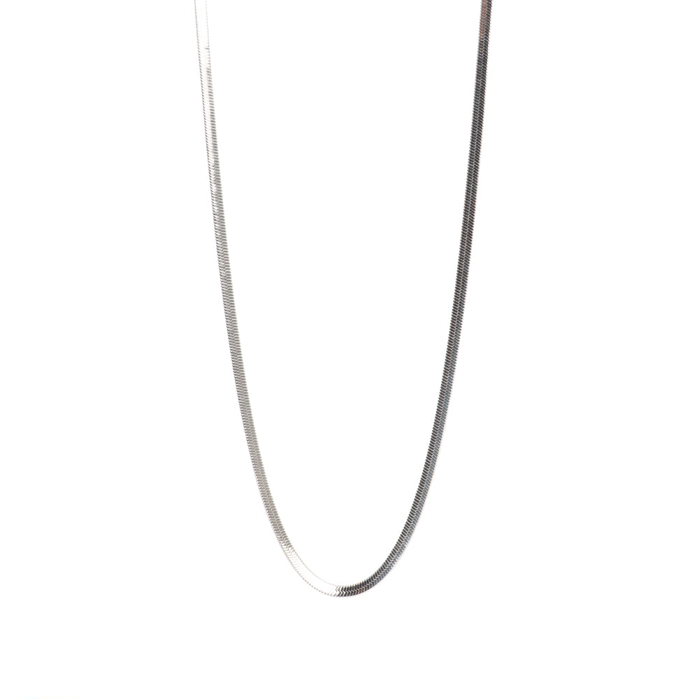 A & C Oslo sleek snake chain necklace with a smooth, shiny silver finish, showcasing its elegant, flexible design.