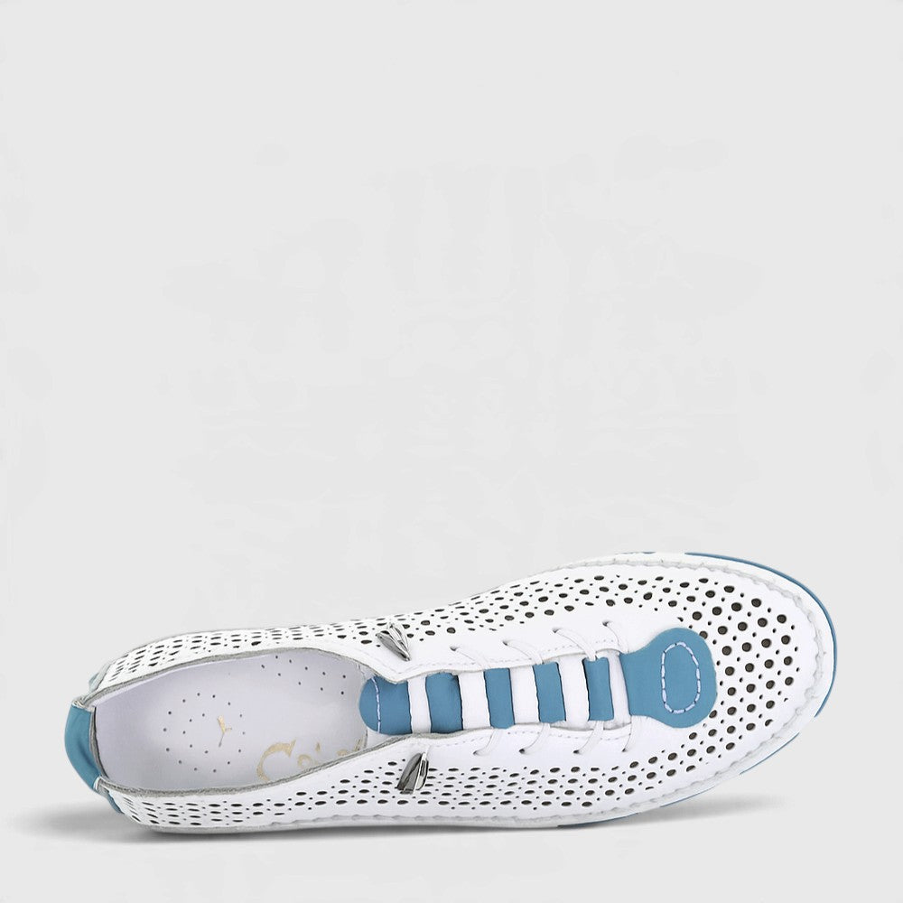 Light blue Cabello Chin White Denim casual pants displayed on a hanger with a focus on the fabric and fit.
