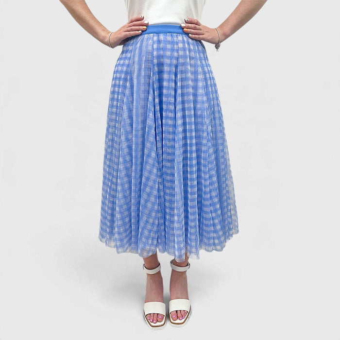 Minx Swan Lake tulle skirt in cornflower blue with gingham pattern, featuring a flowy, layered design perfect for elegant wear.