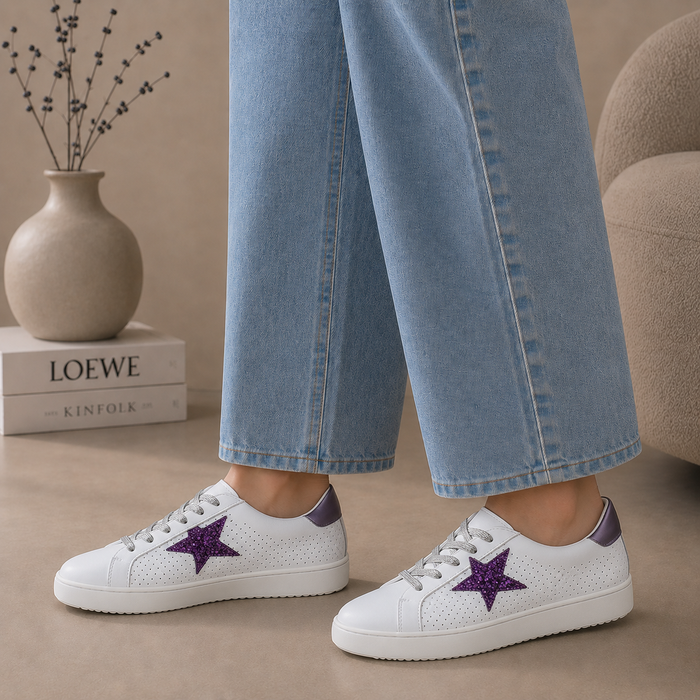 ALFIE & EVIE Valdo white and purple sneakers with laces and stylish design, perfect for casual wear.