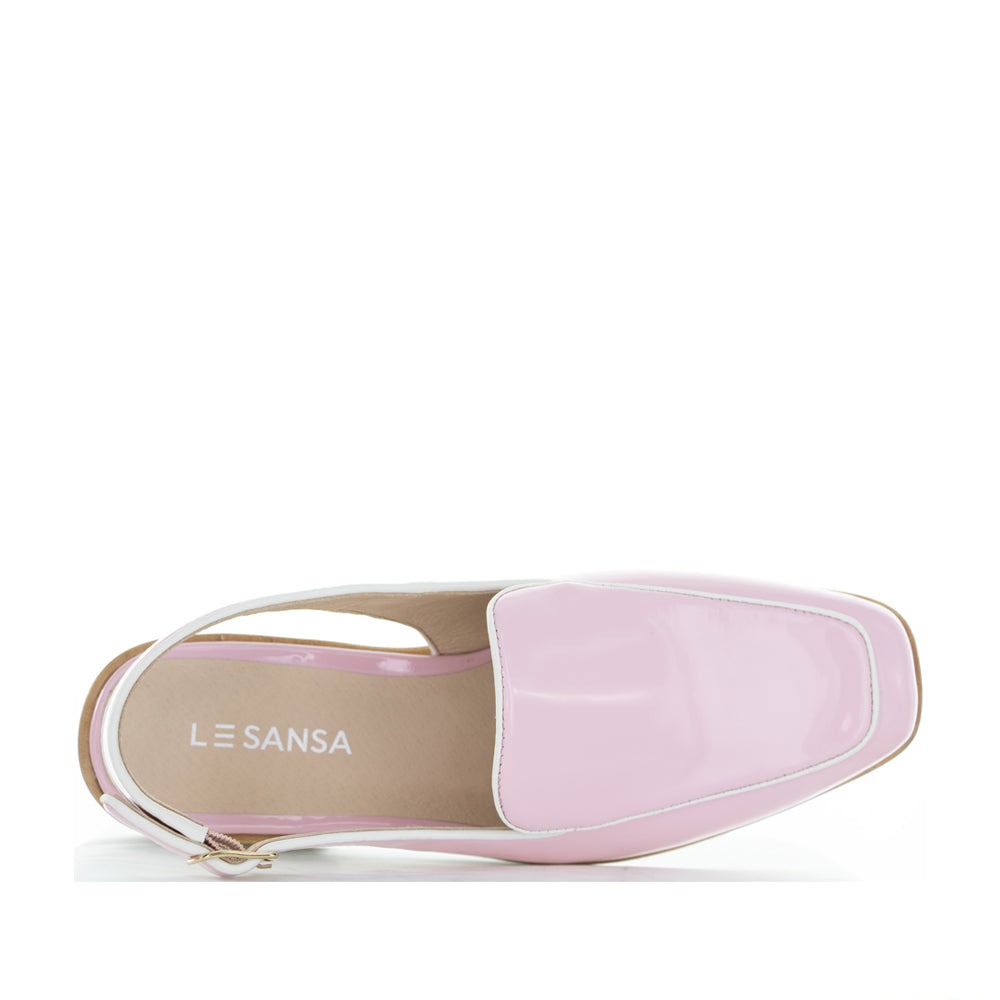 Pink patent leather sandals by Le Sansa, featuring stylish design with open toes and ankle straps.