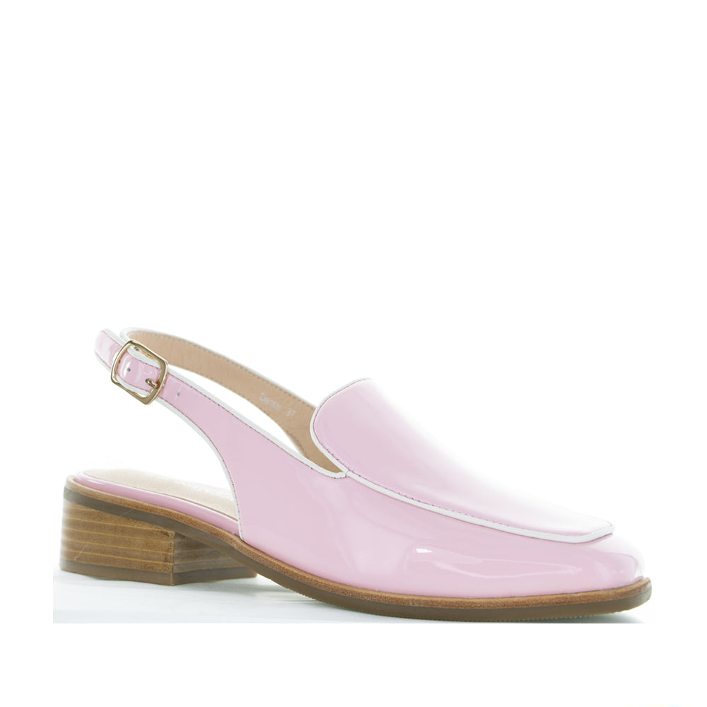 Le Sansa Danter pink patent sandals with ankle straps and open toe design, shown on a neutral background.