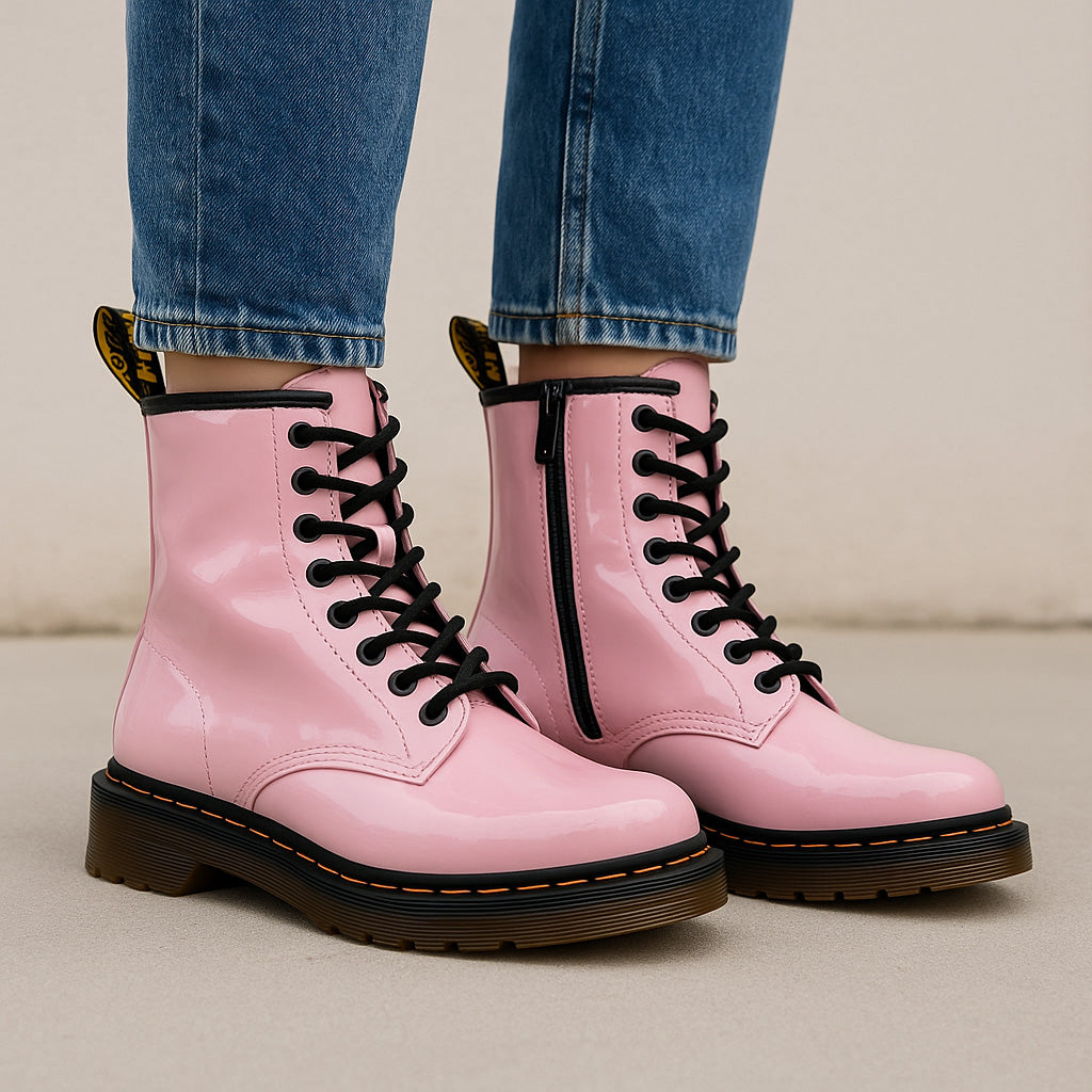 Le Sansa depth candy pink patent boots with glossy finish and stylish design, shown in a close-up image.