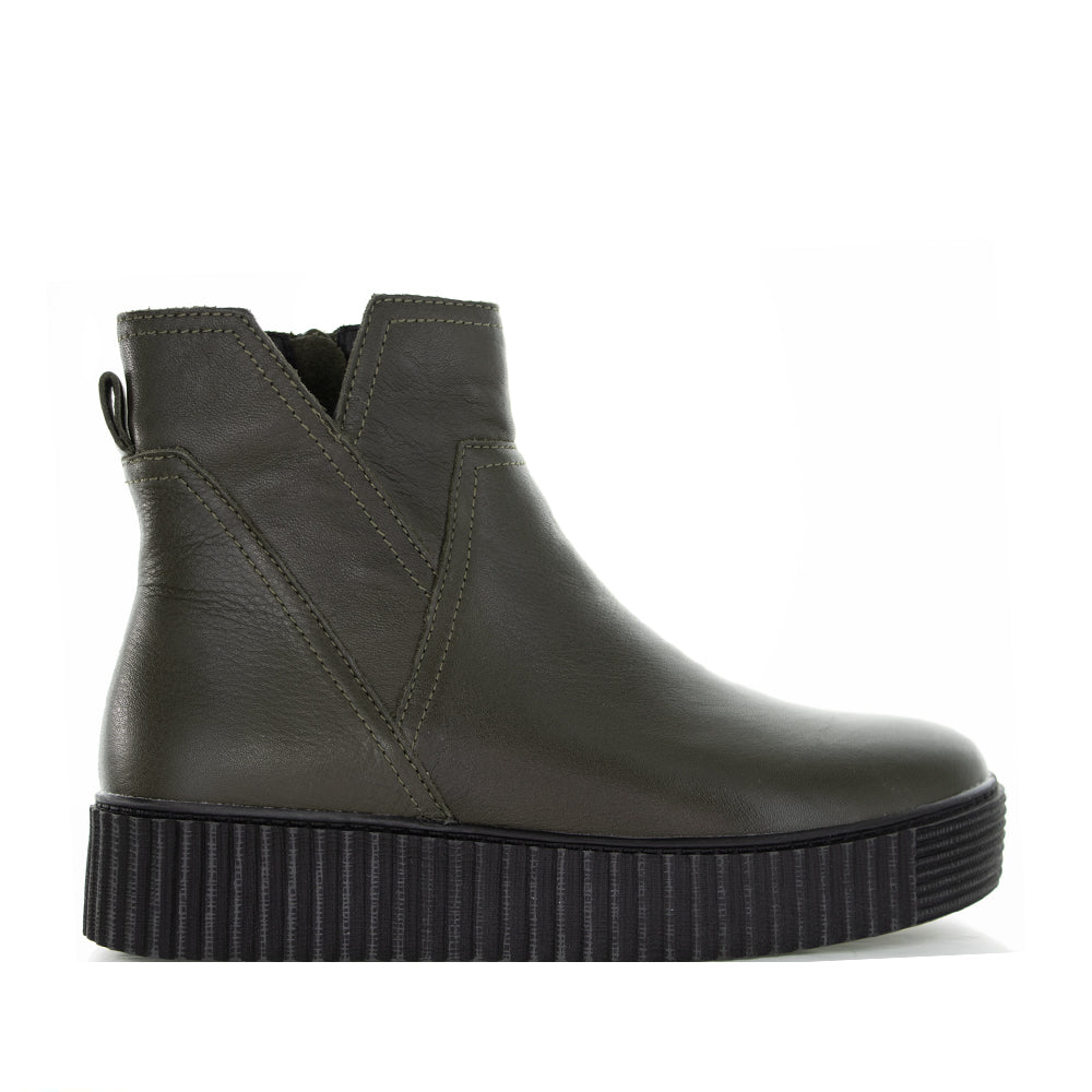 Alfie & Evie Desmond Khaki boots showing a stylish pair of ankle boots in khaki color with side zippers and rugged sole.