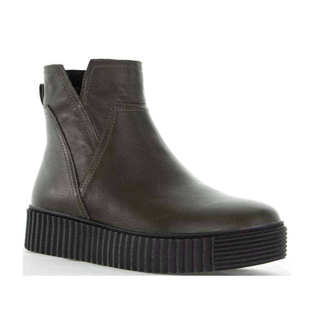 Alfie & Evie Desmond Khaki boots featuring lace-up design and ankle height, made from durable khaki-colored material.