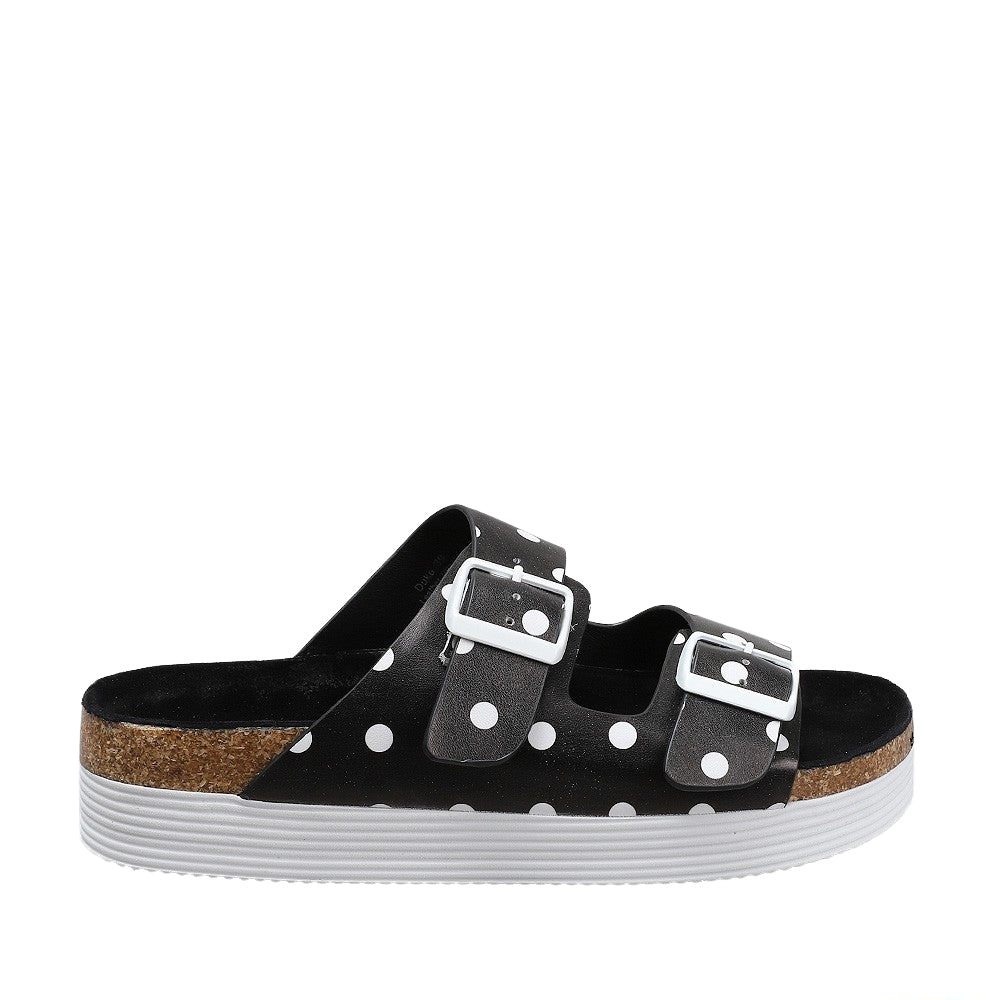 LE SANSA Duke black dot flats featuring a sleek design with black dotted pattern and comfortable slip-on style.