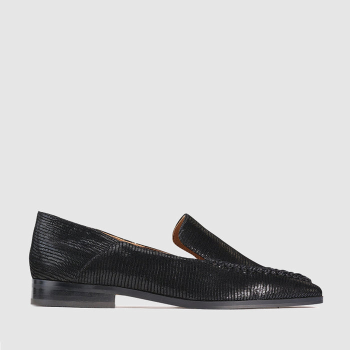 Eos Daylan Black Emboss loafers, stylish men's slip-on shoes with textured black leather, showcased on a neutral background.