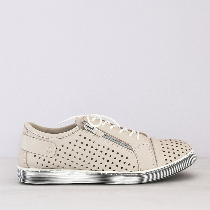 CABELLO EG17 taupe sneakers with sleek design and textured fabric, featuring white soles and laced closure.