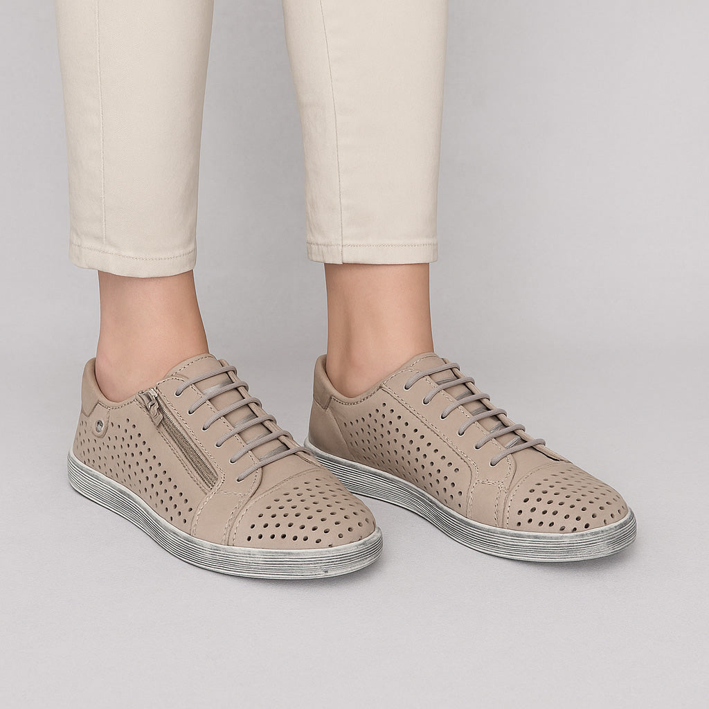 Cabello EG17 taupe sneakers with sleek design and lace-up front, featuring neutral taupe color and modern casual style.