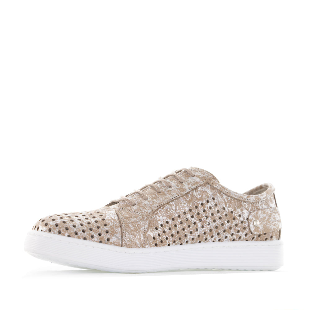 Cabello EG17 taupe print sneakers with stylish patterned design and white rubber soles, casual footwear for everyday wear.