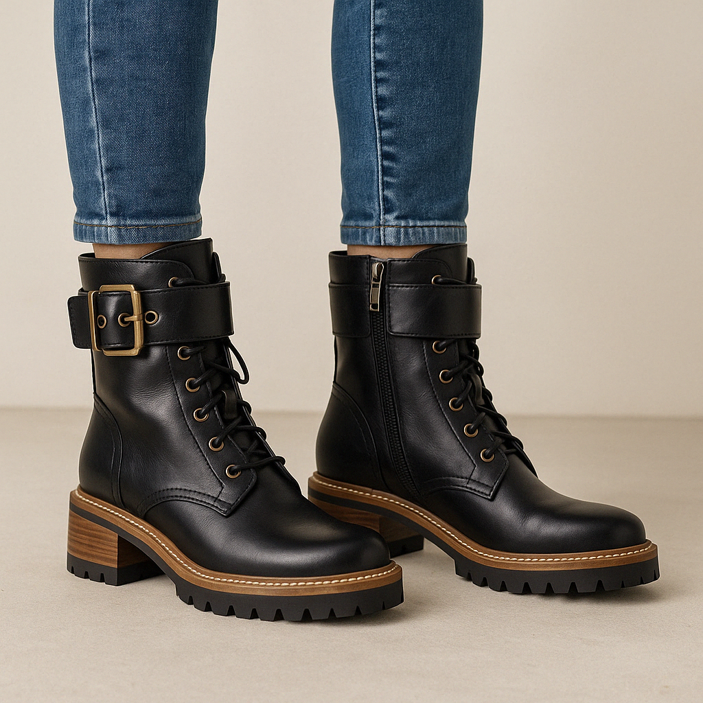 Eos Line Black boots showcasing sleek black leather design with ankle height and stylish stitching details.