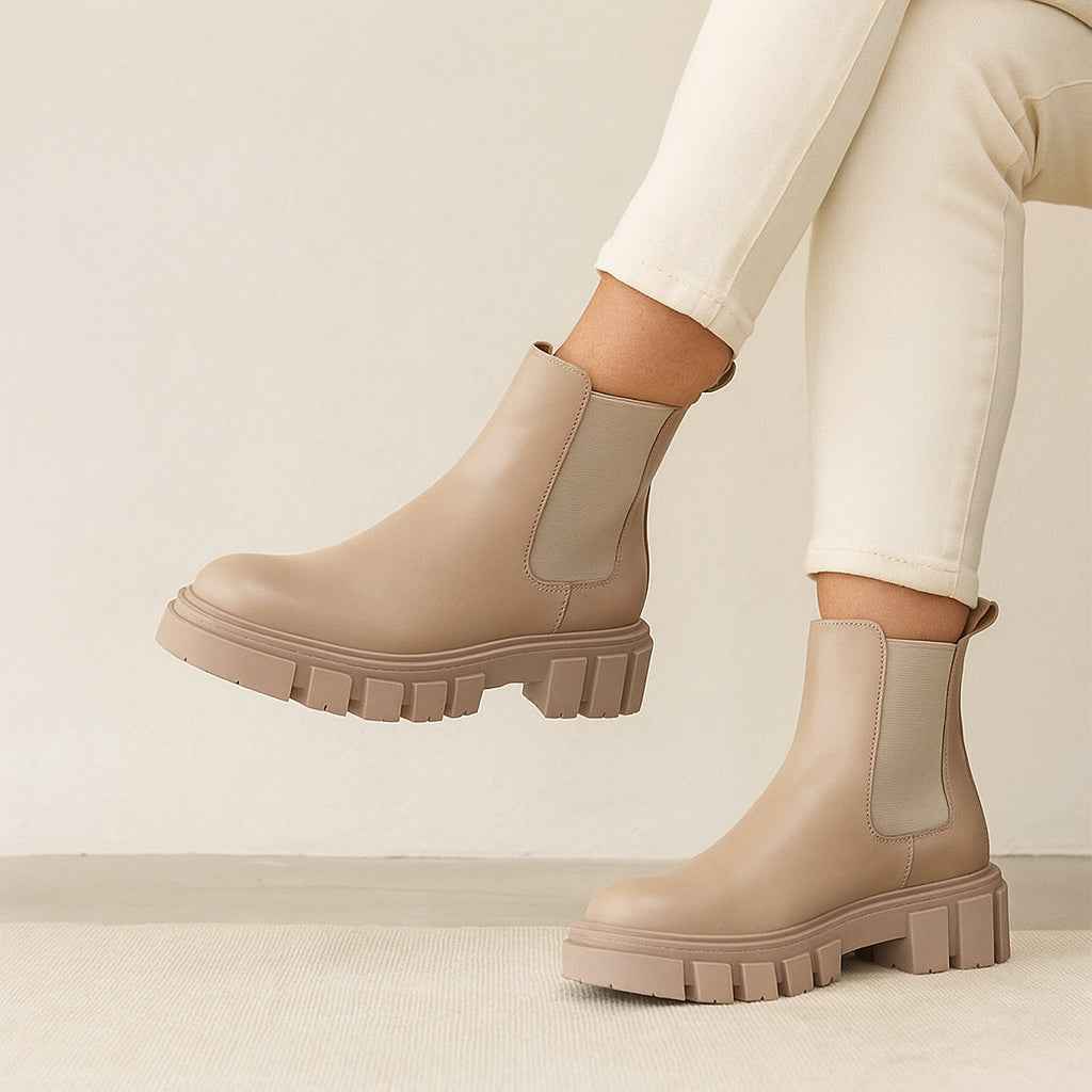 Eos FEA Taupe boots featuring ankle-high design with a sleek leather finish, stylish and comfortable footwear.