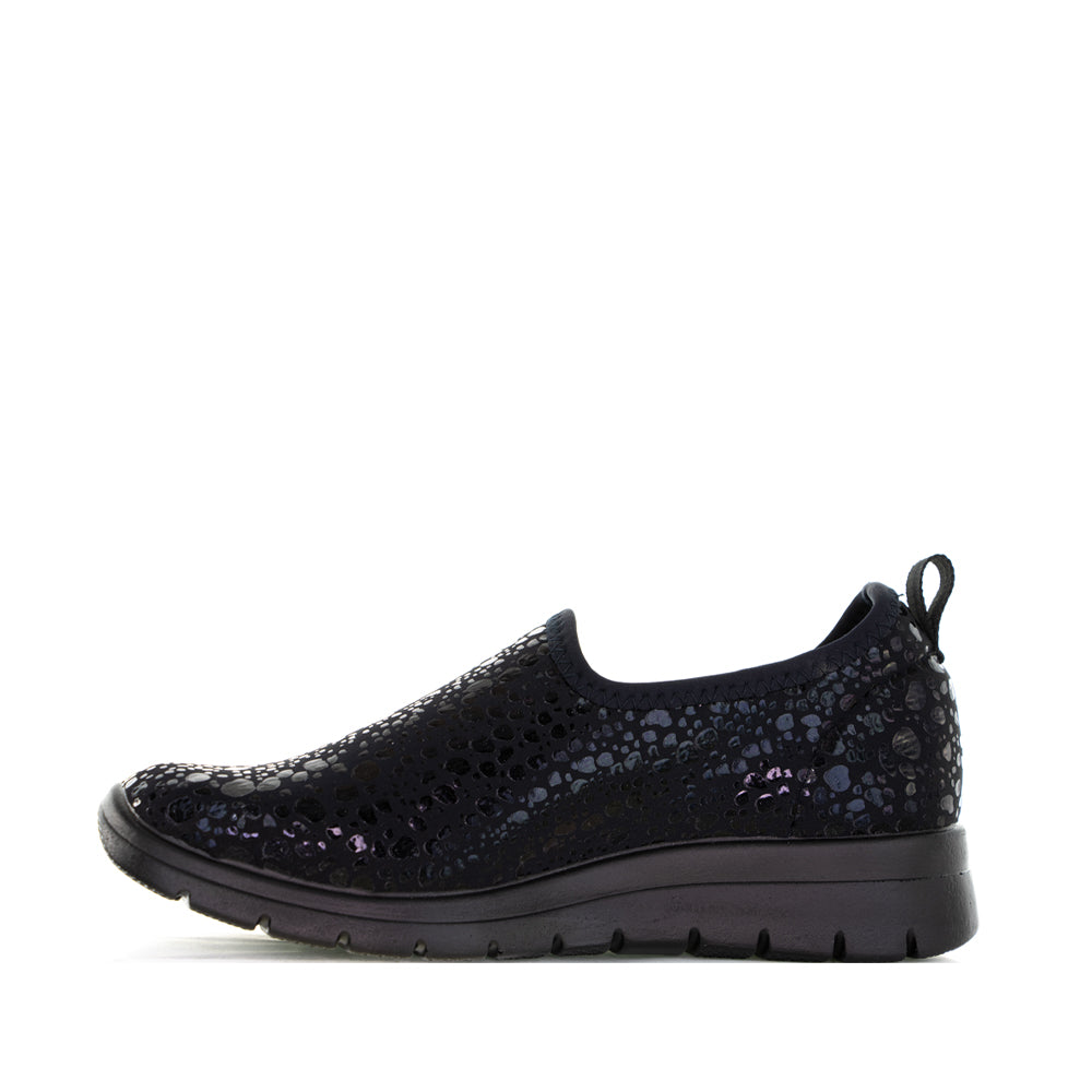 Euroflex Florence Leopard slip-on shoes with leopard print fabric and black sole, stylish and comfortable footwear.