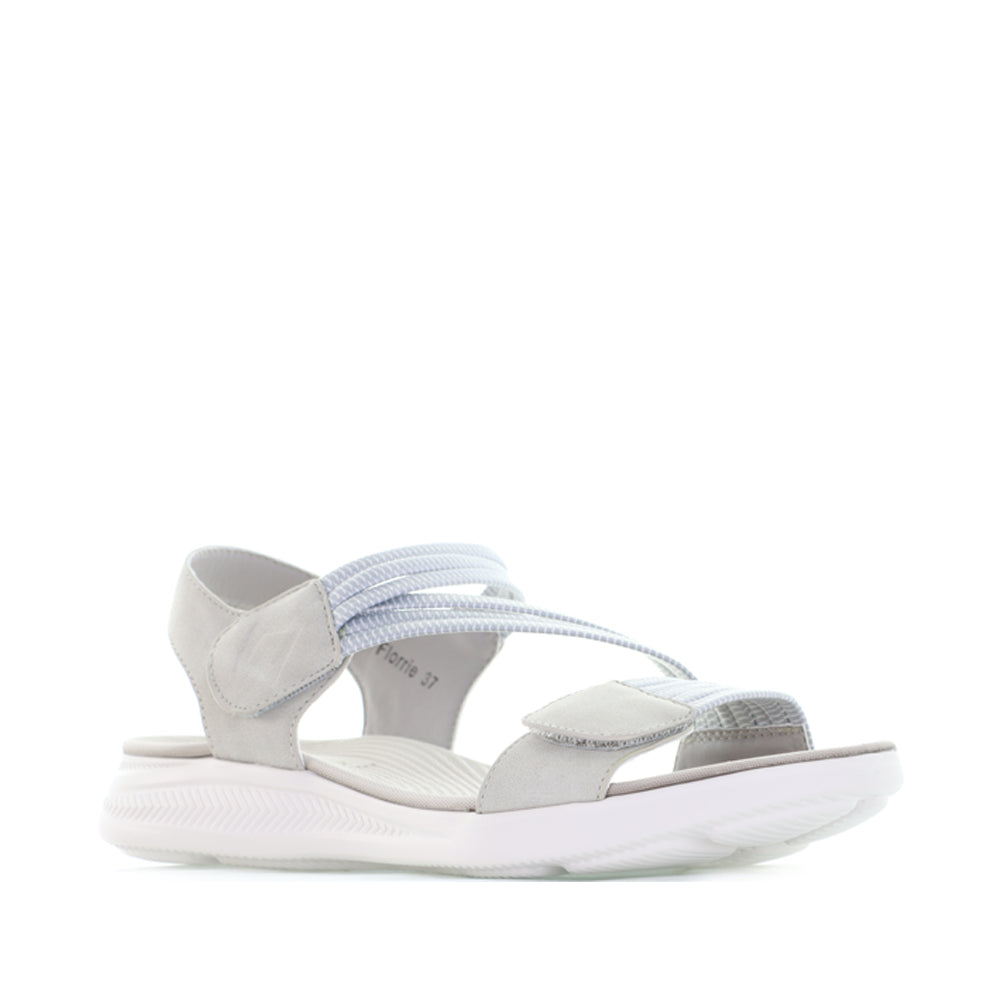 CC Resorts Florri LT Grey Multi sandals showing strappy design and multi-colored pattern on soft grey straps.