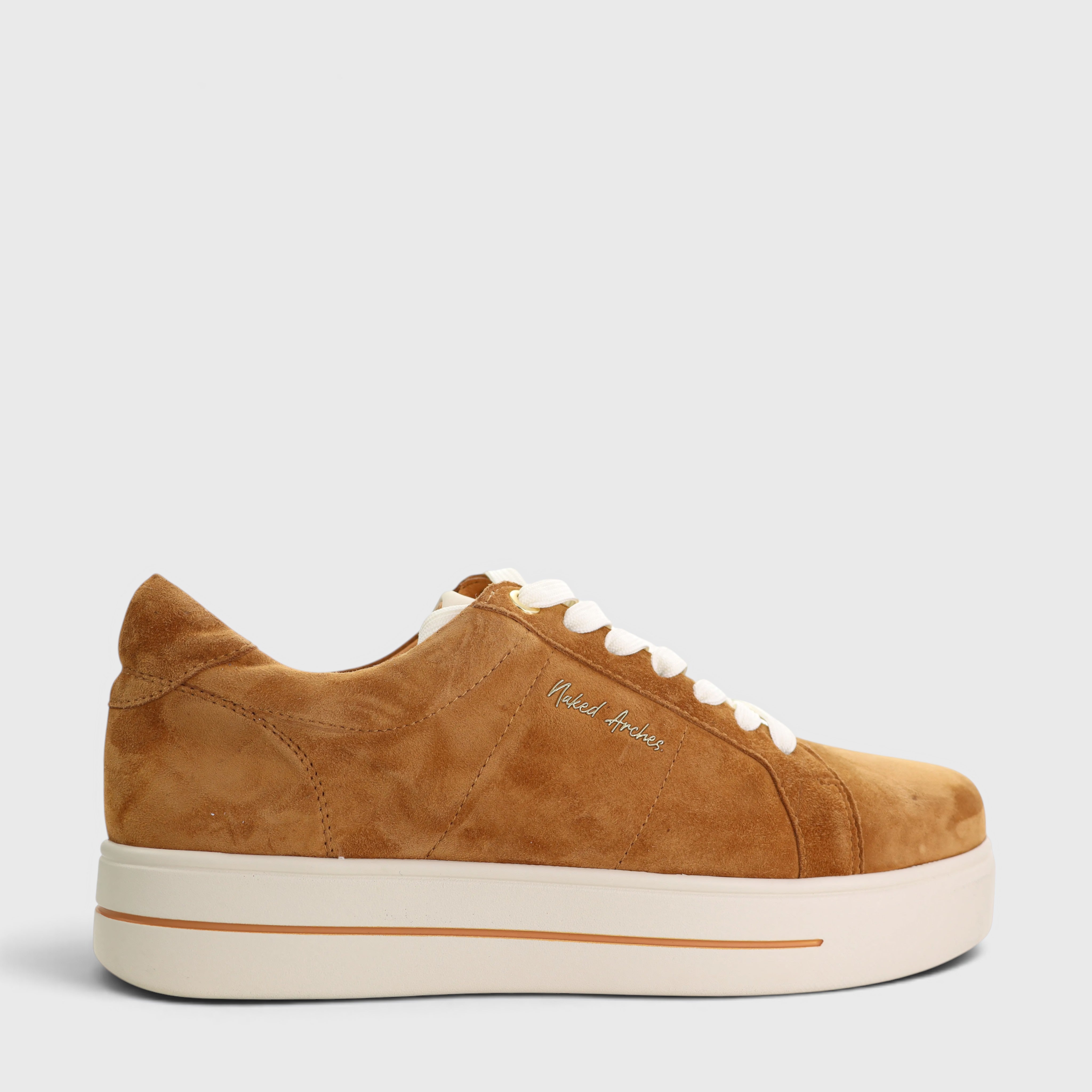 Naked Arches Azealia Butterscotch sneakers showing tan and beige colorway with stylish lace-up design and textured sole.