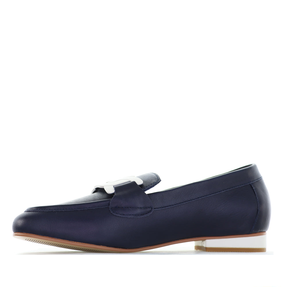 Naked Arches Jap Navy White loafers with navy and white leather design, featuring sleek slip-on style and casual comfort.