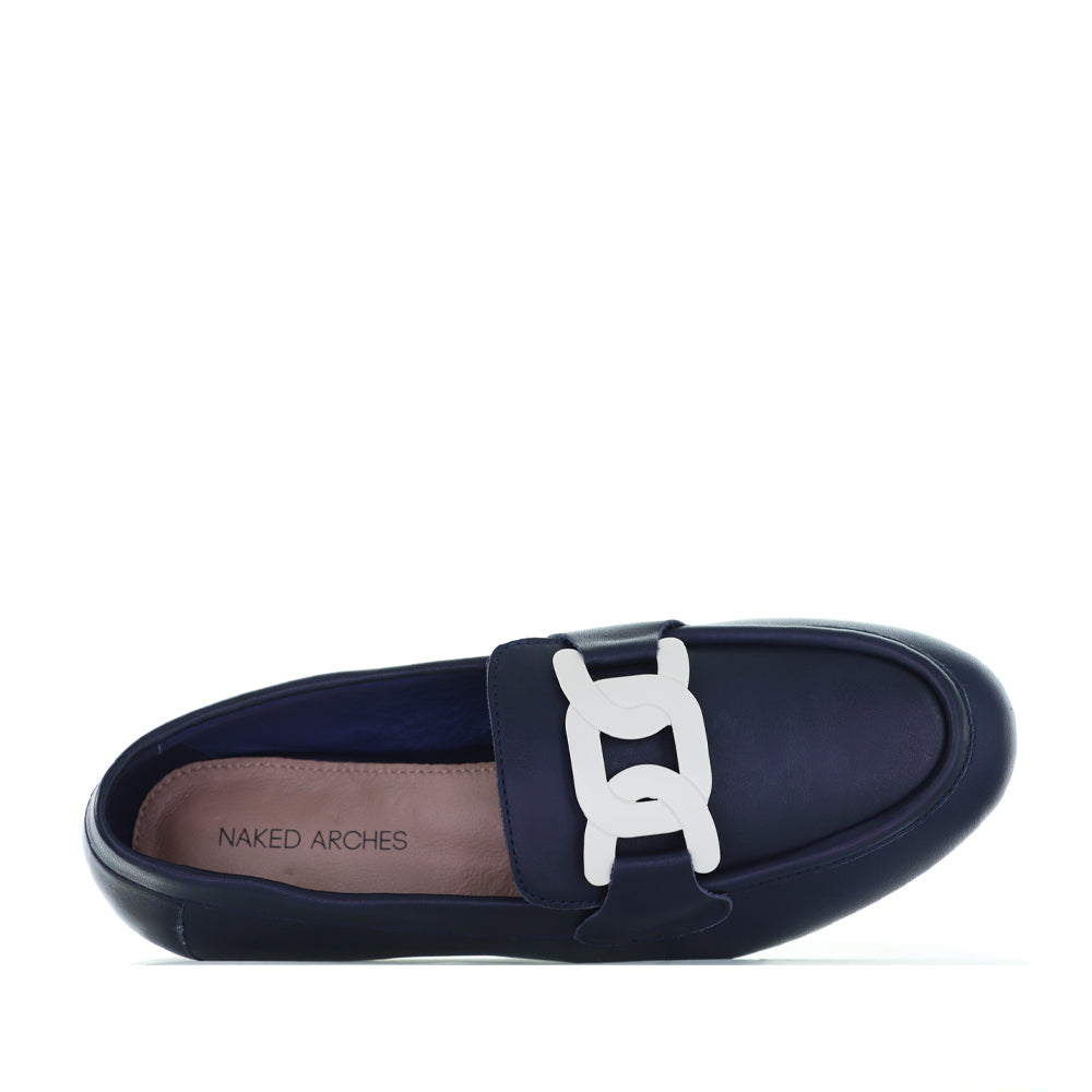 Naked Arches navy and white loafers with sleek design, featuring a comfortable slip-on style and stylish detailing.