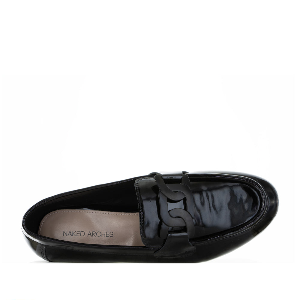 Naked Arches Jap Black Pat loafers in black leather with sleek design and stitching details, displayed on a neutral background.