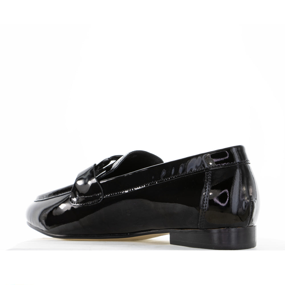 Black leather loafers from Naked Arches JAP Black PAT collection, featuring sleek design and classic slip-on style.