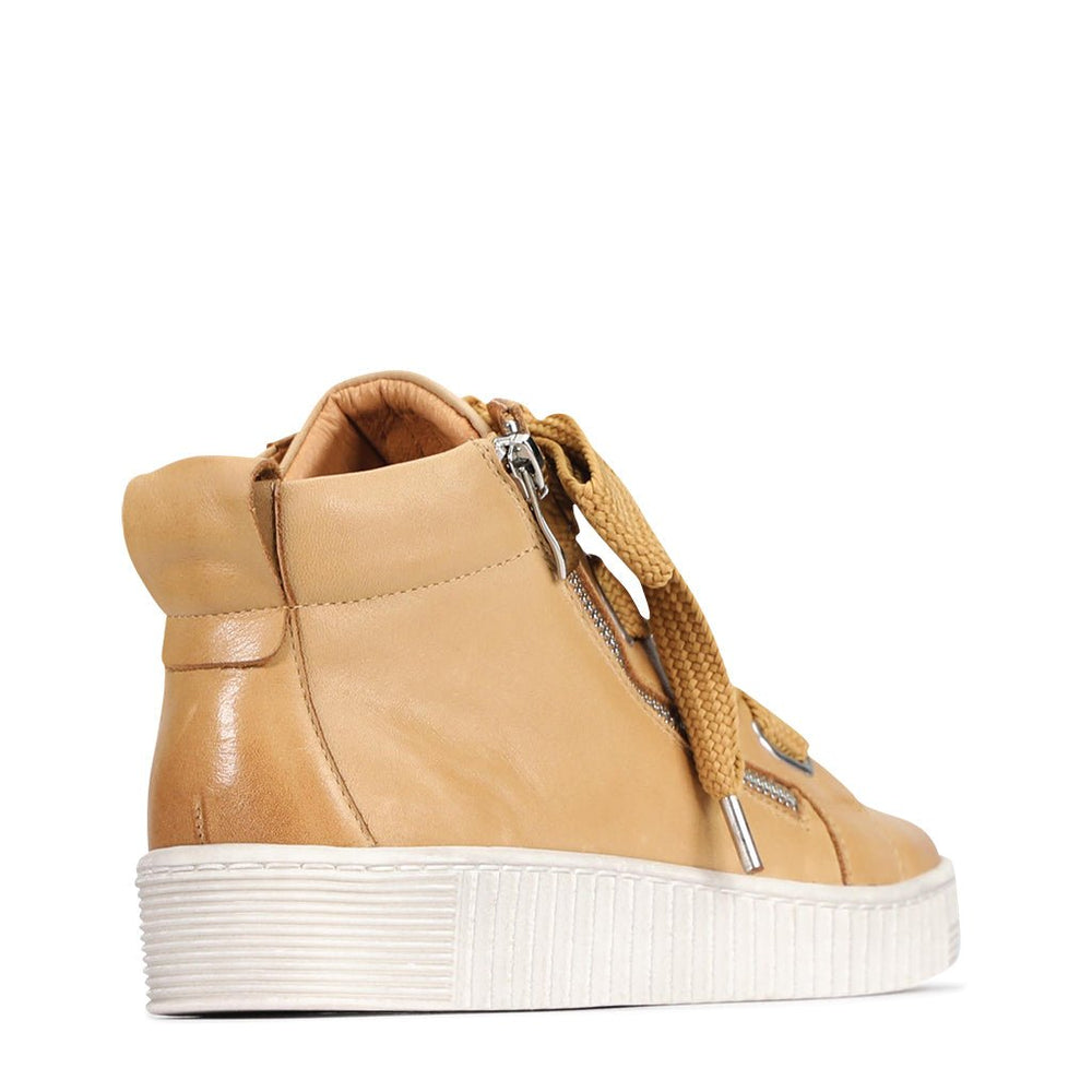 Eos Joyous Tan boots featuring high-top design, tan leather finish, and stylish laces, ideal for casual and trendy outfits.