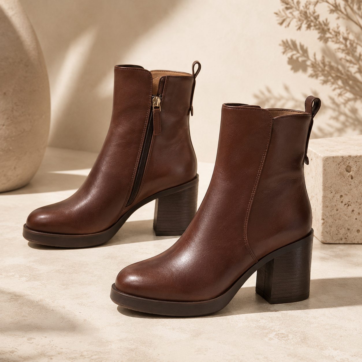 EOS KATT CHESTNUT boots in chestnut brown leather, featuring a stylish ankle design with laces and a sturdy sole.