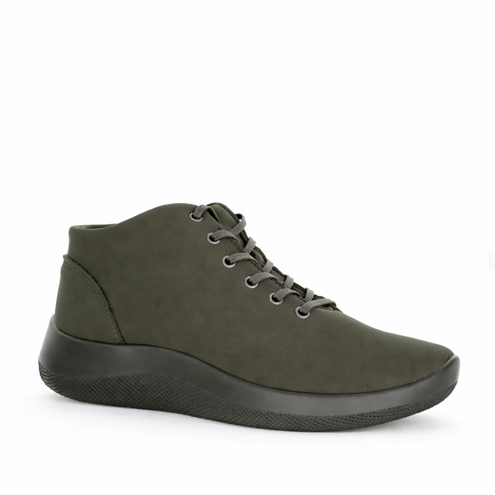 Khaki Arcopedico Tatra boots with adjustable laces and slip-on design, featuring a comfortable sole and stylish ankle height.