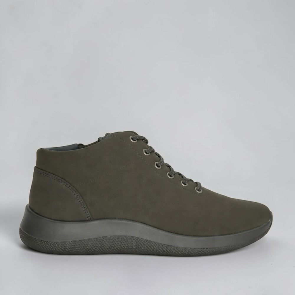 Khaki Arcopedico Tatra boots with rounded toes and comfortable slip-on design, perfect for casual or outdoor wear.