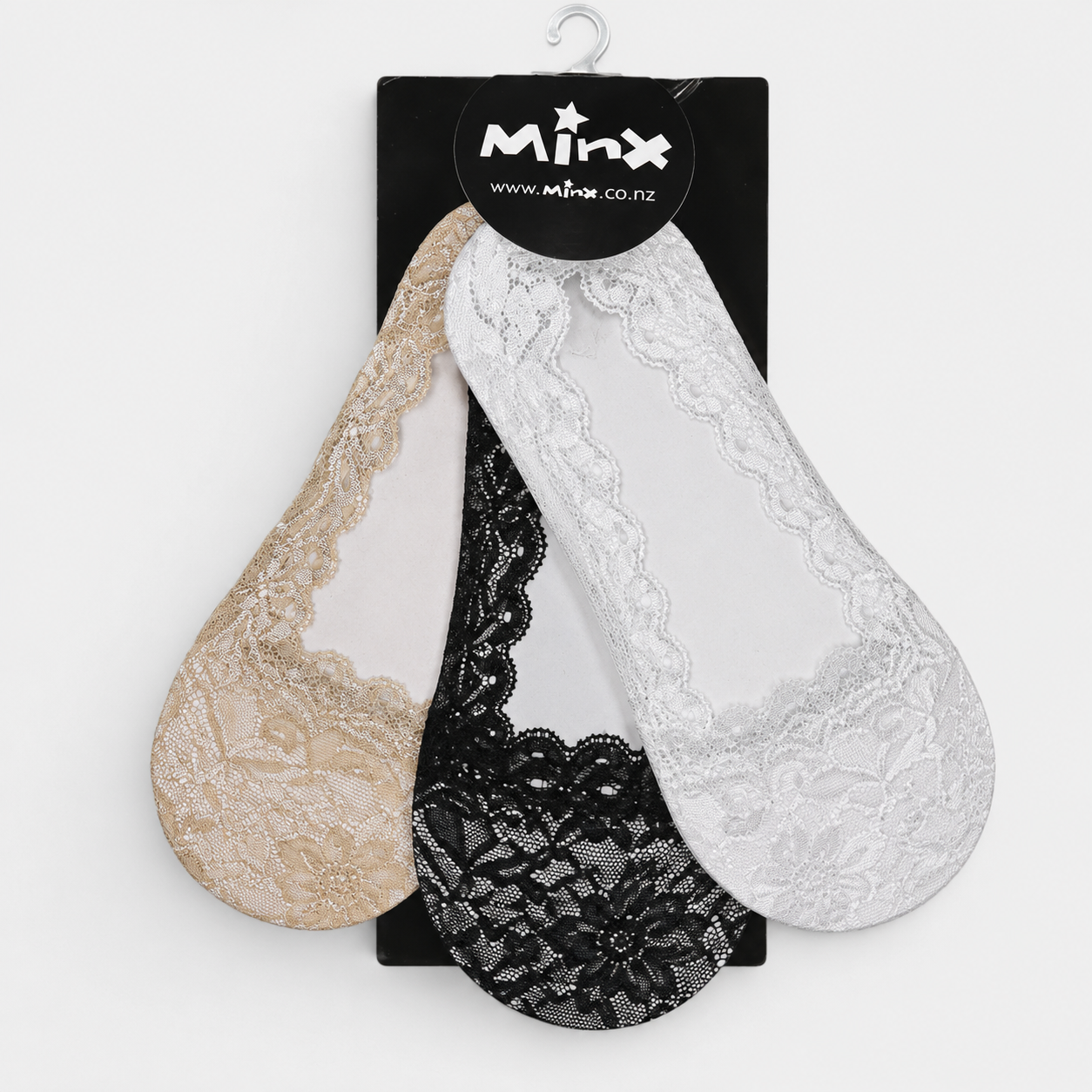 White lace Minx sockette with intricate lace design and soft fabric, showcasing a stylish and feminine accessory for the feet.
