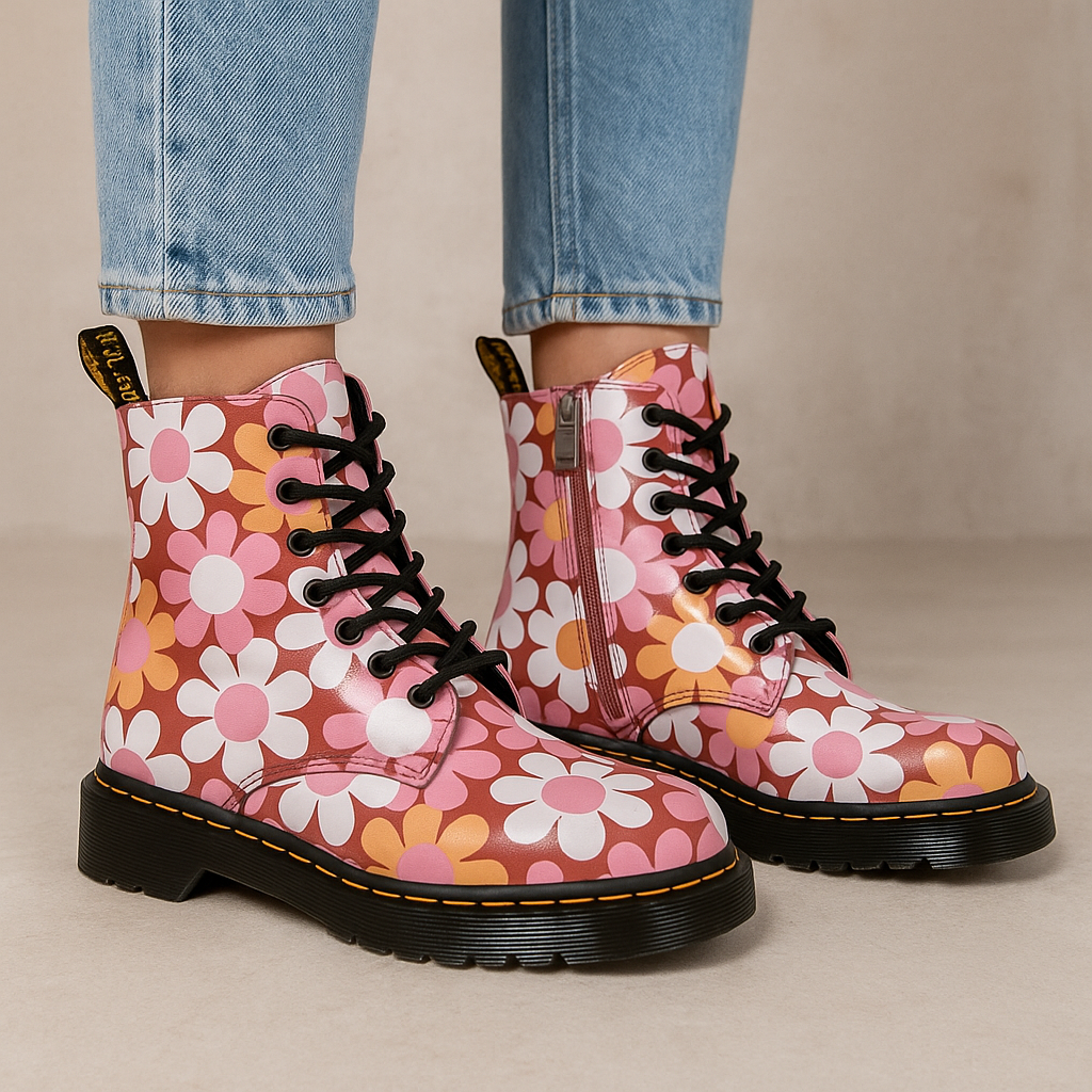 Le Sansa Depth Pink Floral boots with pink floral pattern, stylish ankle-length footwear featuring floral design and comfortable sole.