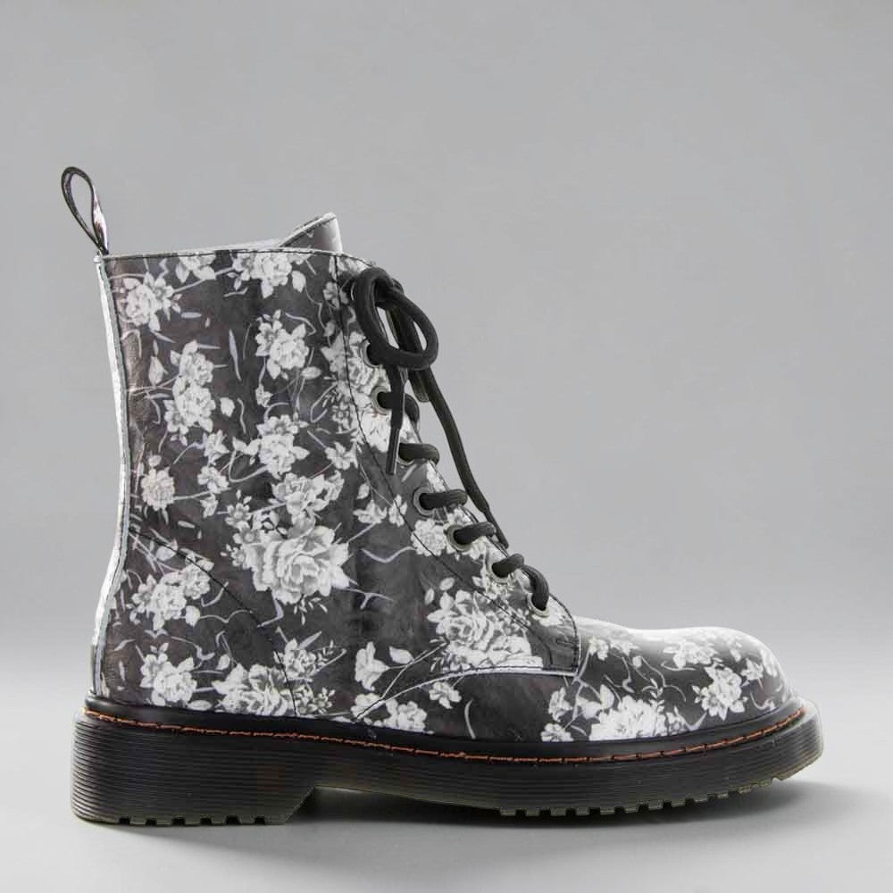 LE SANSA Depth Black Floral boots showing black leather with floral embroidery and lace-up design.