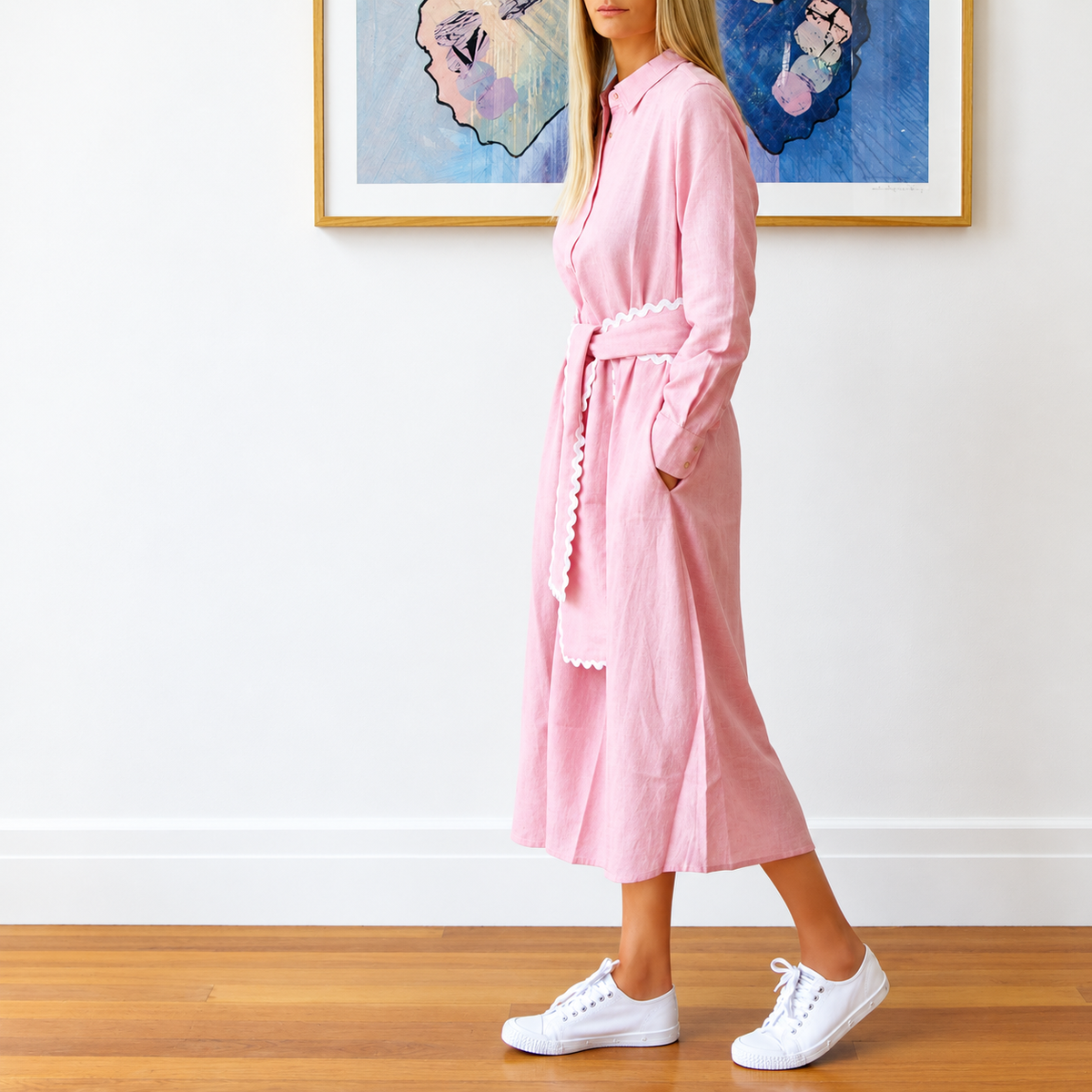 Pink and white striped long yarn dress by Who's Charlie, featuring a stylish and comfortable design for girls.