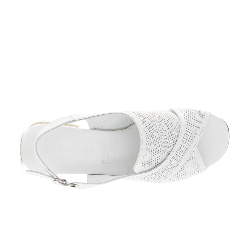 Le Sansa Lita White sandals with open toes and ankle straps, shown in a stylish white design.
