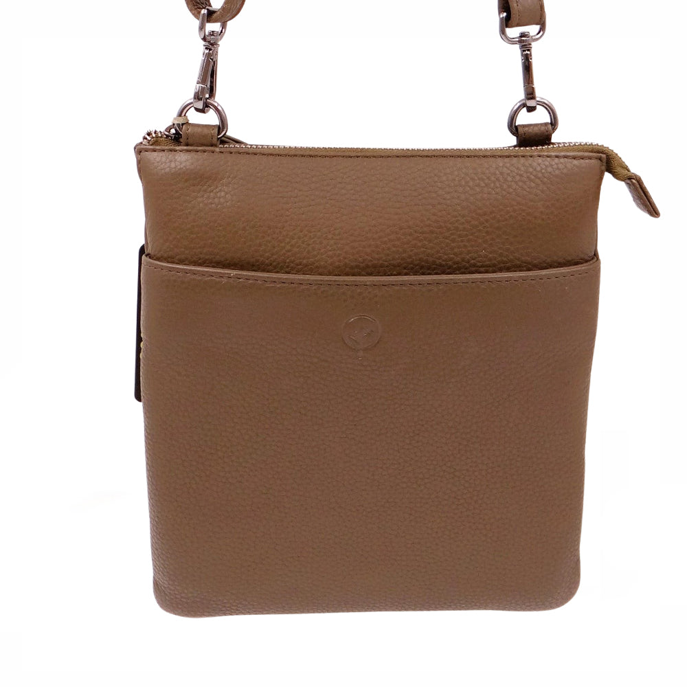 Second Nature Moss handbag with textured moss-green leather and sleek design, featuring a shoulder strap and minimalist style.
