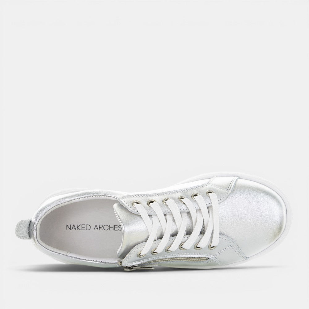 Silver NAKED ARCHES NELLY sneakers with sleek design and comfortable fit, featuring stylish metallic accents.